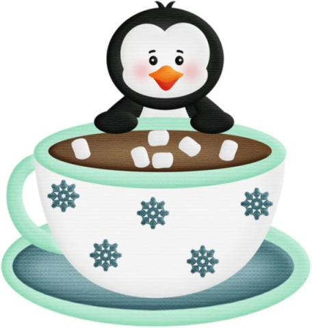 A cartoon penguin next to a big cup of hot cocoa with marshmallows floating in it.