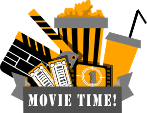 a Clap board, popcorn, soda, and tickets arrangements that says Movie Time!