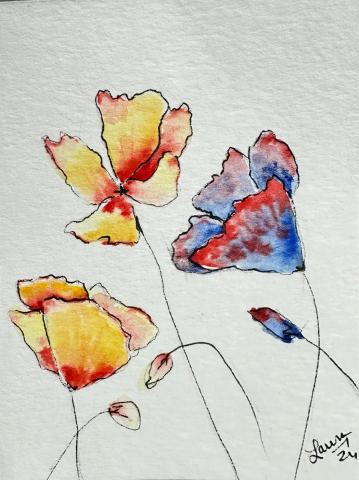 watercolor painted flowers in red, blue and red.