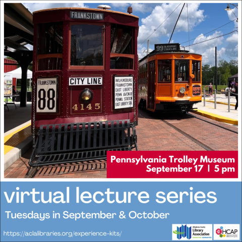 An image of two trolleys promoting the PA Trolley Museum.