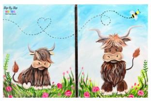 Two highland cows paintings, one big and one small.