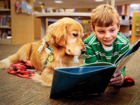 Boy reading a book to a dog.