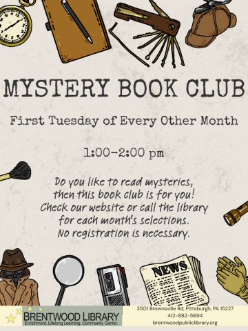 A flyer for Mystery Book Club.