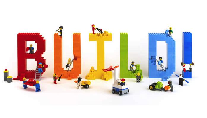 The word "build" created by Lego pieces.
