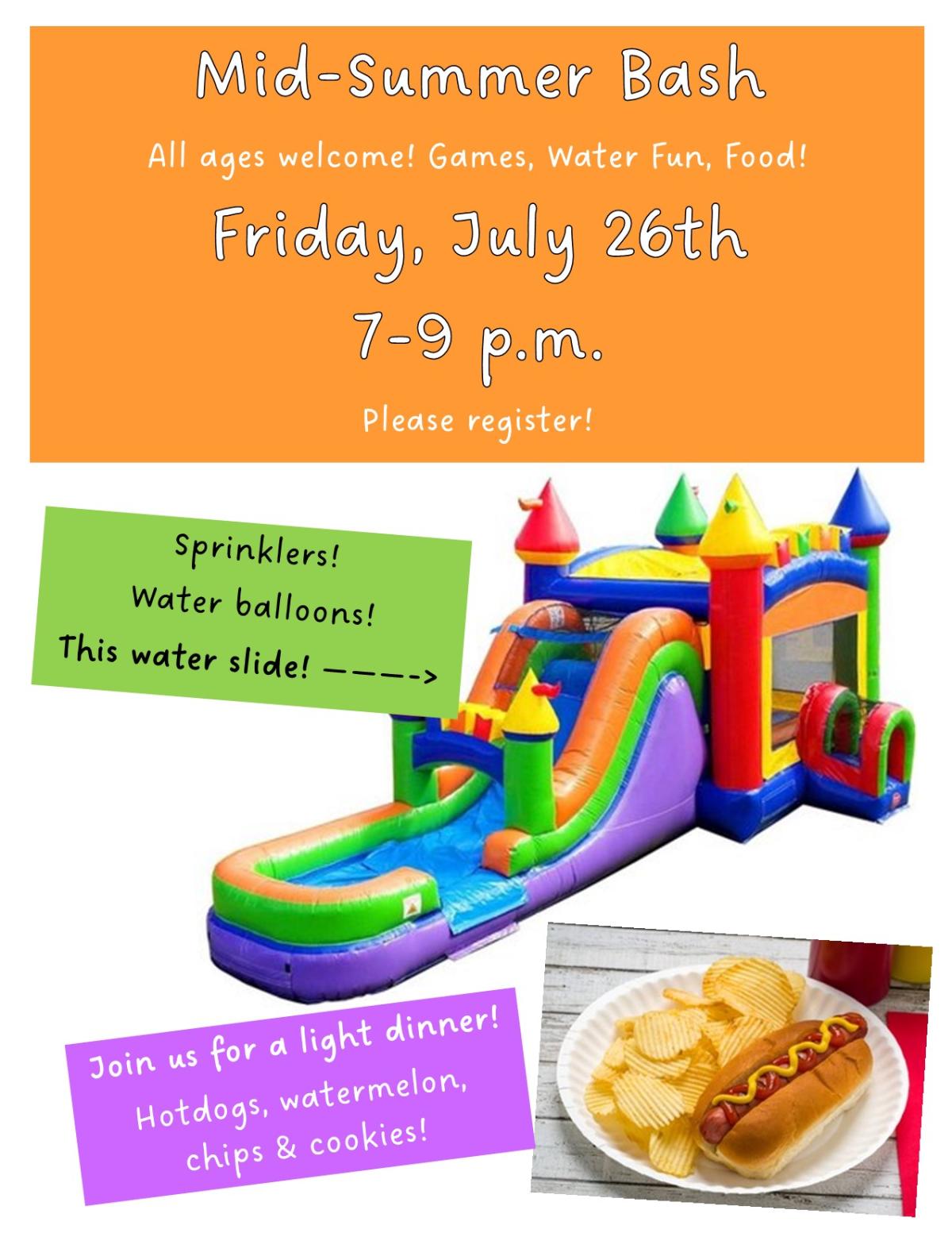 Flyer featuring mega inflatable waterslide, hotdog and chips.