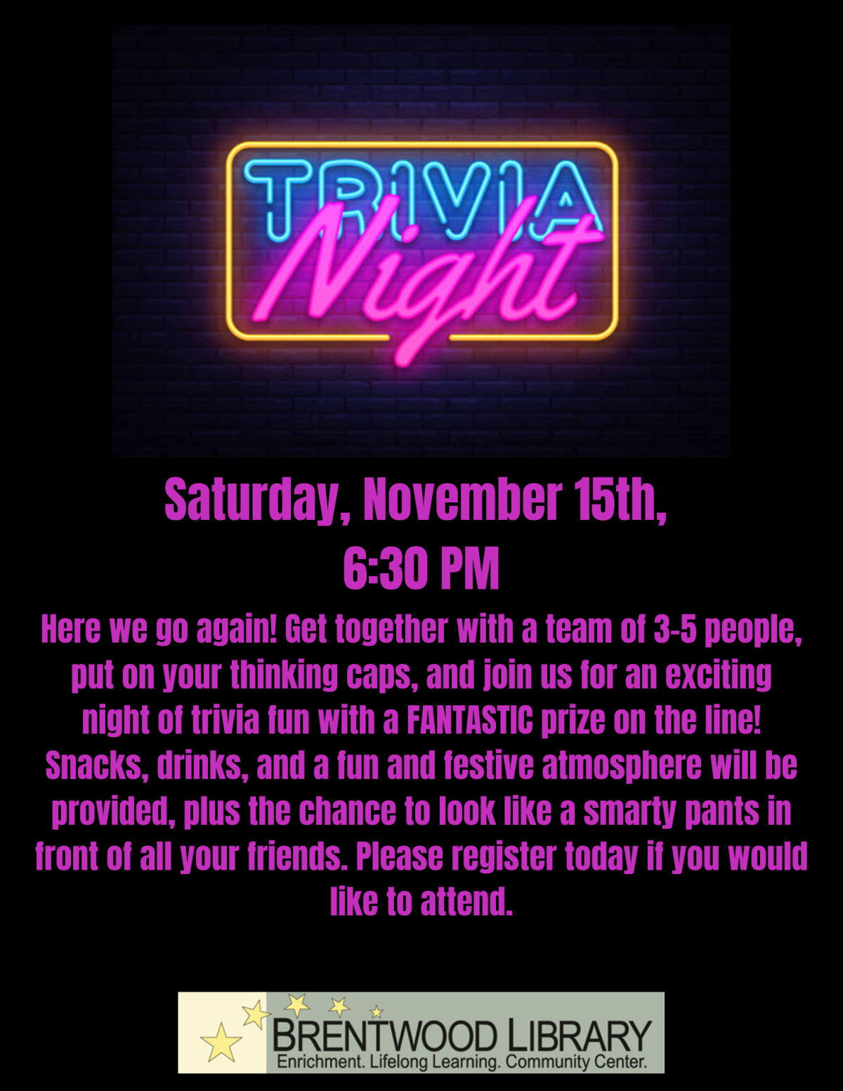 A flyer advertising Trivia Night at Brentwood Library.